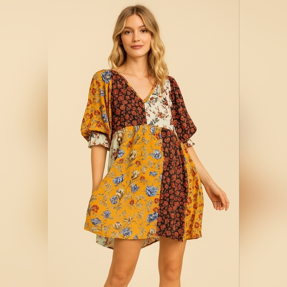 🌼 Umgee Patchwork Floral Boho Mini Dress Size
